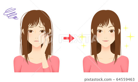 Illustration of a woman with long hair before and after fixing her sleeping habit 64559463