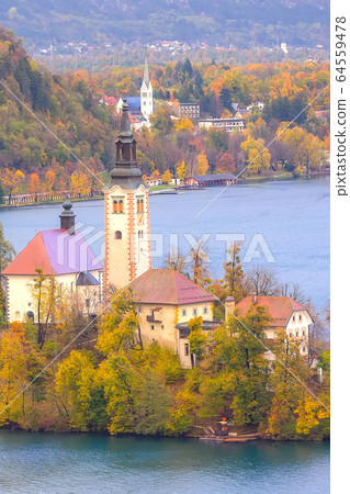 Bled, Slovenia aerial view with church Bled, Slovenia aerial view with church 64559478