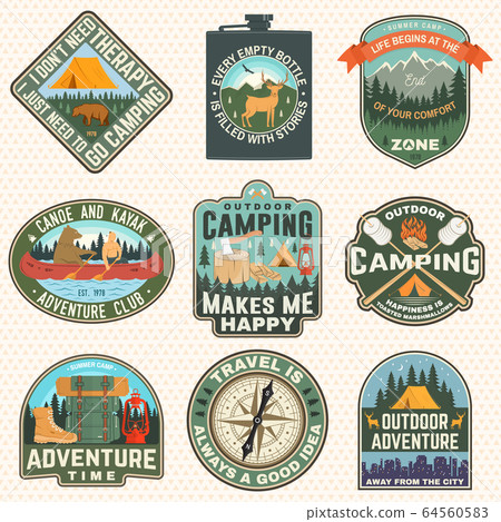 Outdoor adventure patch with quotes. Vector. Concept for shirt , logo, print, stamp or tee. Vintage typography design with backpack , elk, bear, tent, forest and mountain landscape silhouette 64560583