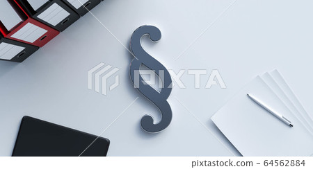 Paragraph symbol on white office desk with folders, pen and paper sheets 3d illustration render Paragraph symbol on white office desk with folders, pen and paper sheets 3d illustration render 64562884