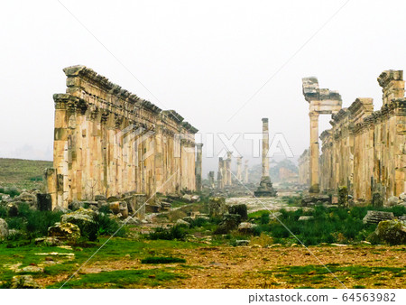 Great Colonnade at Apamea in fog, partially 64563982