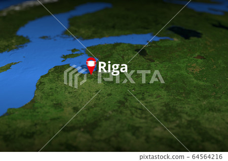 Riga, Latvia red city geotag with face mask, COVID-19 coronavirus disease self-isolation related 3D rendering   64564216