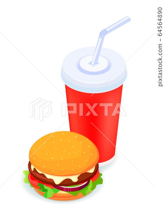 Burger and soda isometric illustrated 3d vector icon on white. Creative design idea. 64564890