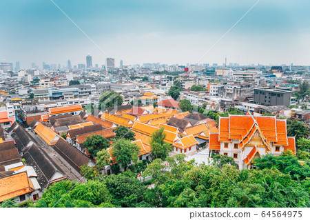 Bangkok city and temple view from Golden Mountain Temple in Thailand 64564975