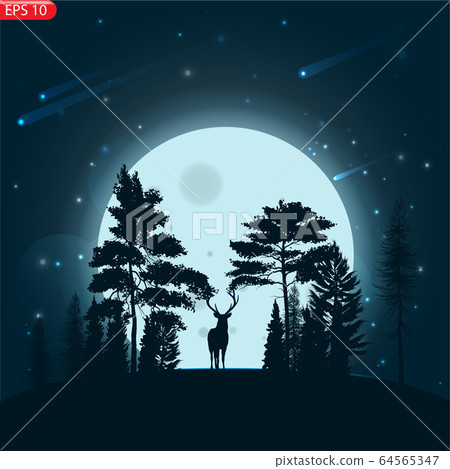 Silhouette of an animal with moonlight and stars. Silhouette of an animal with moonlight and stars. 64565347