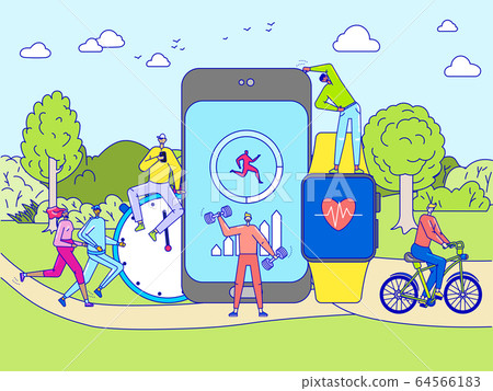 Smart watch concept, fitness tracker bracelet, tiny people training, vector illustration Smart watch concept, fitness tracker bracelet, tiny people training, vector illustration 64566183