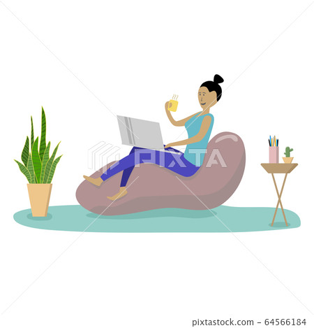 Young woman in comfortable armchair and working on laptop at home.Cartoon Flat Vector Illustration. Young woman in comfortable armchair and working on laptop at home.Cartoon Flat Vector Illustration. 64566184