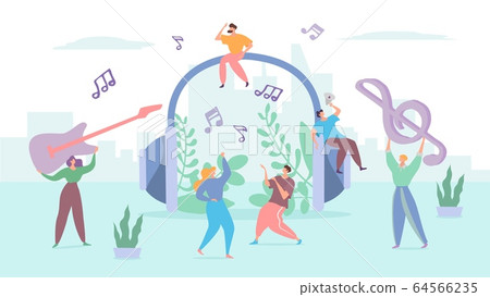 Headphones music concept, tiny people dancing on street, melody symbol, vector illustration 64566235