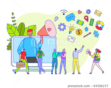 Media marketing concept, social network promotion, tiny people cartoon characters, vector illustration Media marketing concept, social network promotion, tiny people cartoon characters, vector illustration 64566237