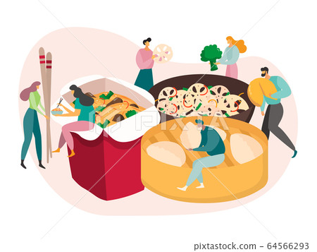 Chinese food concept, tiny people eat huge meal, lunch box delivery, vector illustration Chinese food concept, tiny people eat huge meal, lunch box delivery, vector illustration 64566293
