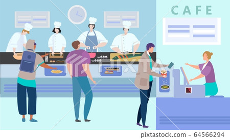 People order fresh Asian food in cafe, lunch menu in cafeteria, sushi canteen, vector illustration People order fresh Asian food in cafe, lunch menu in cafeteria, sushi canteen, vector illustration 64566294