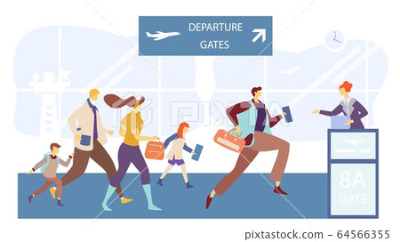 Passengers running to flight boarding gate, people in airport terminal, vector illustration Passengers running to flight boarding gate, people in airport terminal, vector illustration 64566355