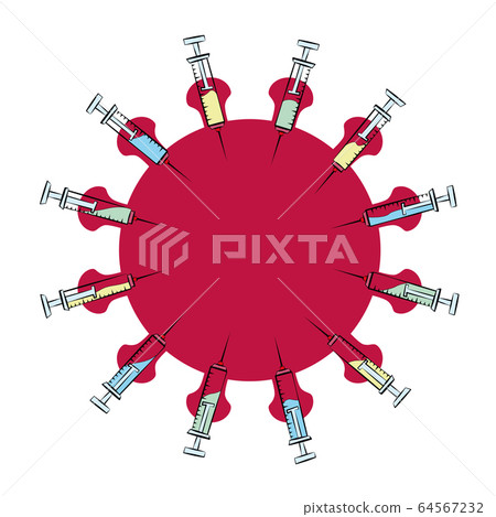 Syringes vaccinating a coronavirus symbol. Symbol for vaccine insanity, overmedication, mass vaccination, compulsory vaccination and immunization campaigns of pharma industry. Vector on white. 64567232