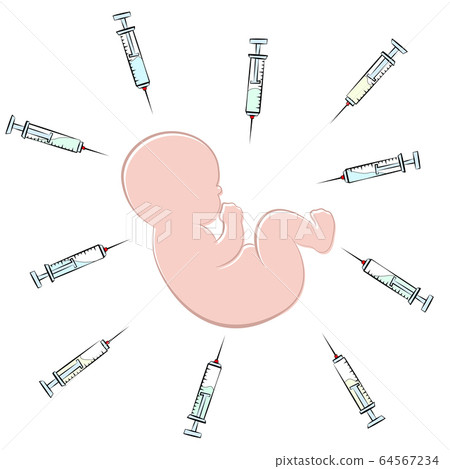 Baby surrounded by syringes, symbolic for vaccine insanity against measles, polio, smallpox, diphtheria, tetanus, chicken pox. Riskful multiple vaccination, immunization campaigns of pharma industry. 64567234