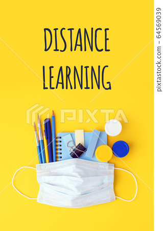 Flat lay composition with notebook, mask, pen, 64569039