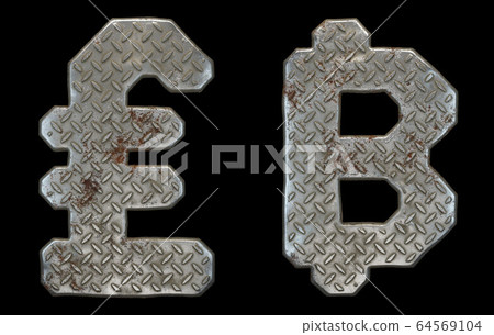 Set of symbols lira and baht made of industrial metal on black background 3d 64569104