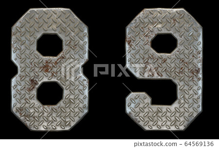 Set of numbers 8, 9 made of industrial metal on black background 3d 64569136