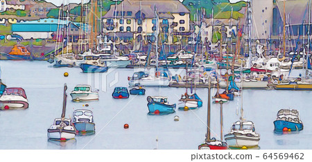 watercolor painting depicting anchored yachts and 64569462