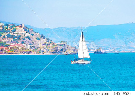 sailing boat flowing on the open sea, watercolor sailing boat flowing on the open sea, watercolor 64569523