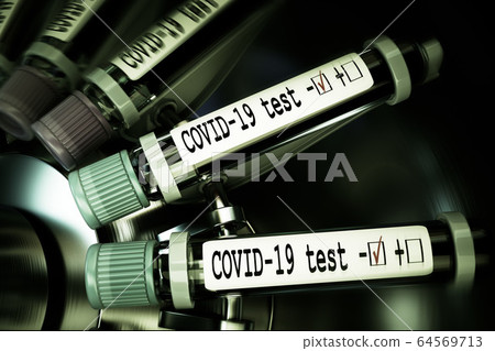 Tube of biological sample contaminated by Coronavirus with label Covid-19. Vials of blood in a centrifuge. Pandemic infectious concept. 3D Tube of biological sample contaminated by Coronavirus with label Covid-19. Vials of blood in a centrifuge. Pandemic infectious concept. 3D 64569713