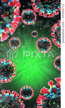 3d render of pathogenic virus organism or bacteria infecting and causing disease. Close up from microscope of coronavirus. 3d render of pathogenic virus organism or bacteria infecting and causing disease. Close up from microscope of coronavirus. 64569715