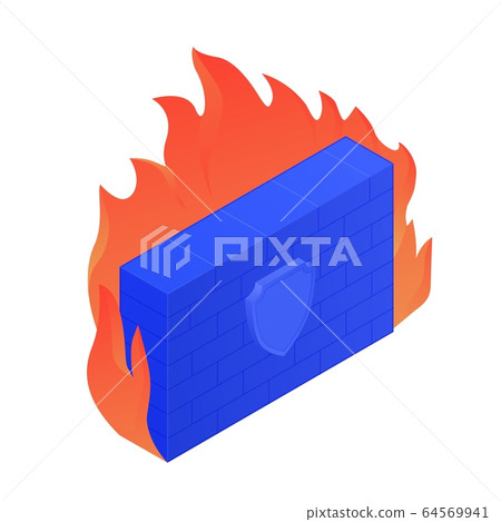 Cartoon bright brick wall in fire with shield icon vector graphic illustration 64569941