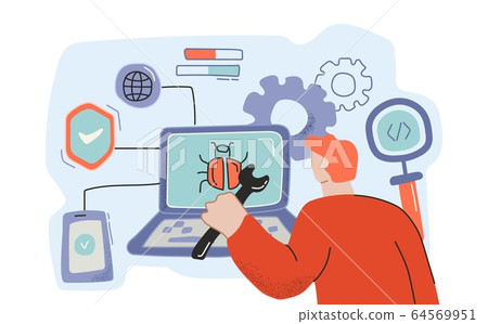 Male cartoon programmer working on bug... - Stock Illustration ...