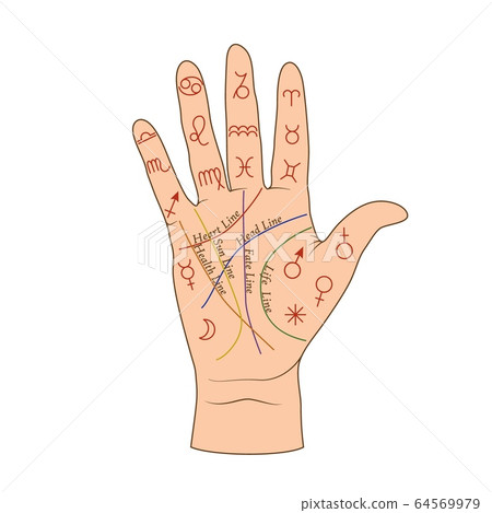 Cartoon human palmistry map on open hand vector graphic illustration 64569979