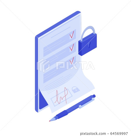 Cartoon isometric smart contract vector graphic illustration. Digital technology signing banking Cartoon isometric smart contract vector graphic illustration. Digital technology signing banking 64569997