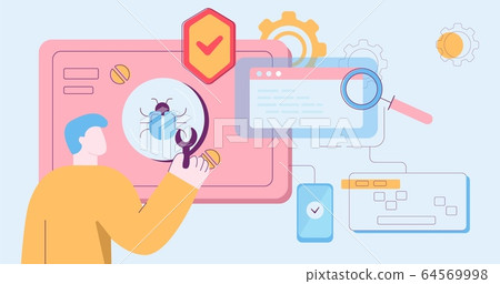Cartoon colorful male protecting computer software from virus during bug detecting 64569998