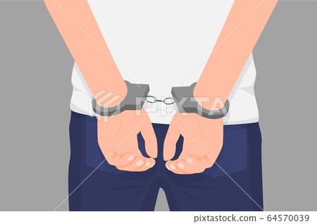 Cartoon crime man hands in handcuff at back isolated. Close up law perpetrator at prison 64570039