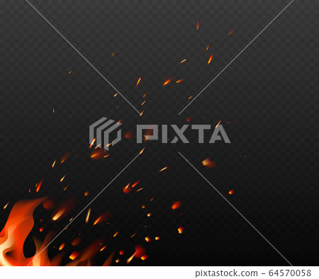 Flying fiery sparks on transparent dark background Flying fiery sparks on transparent dark background 64570058