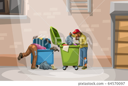couple homeless searching in containers 64570097