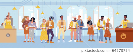 Cashier, barista standing behind counters, serving customers at cafe, restaurant. Cashier, barista standing behind counters, serving customers at cafe, restaurant. 64570754