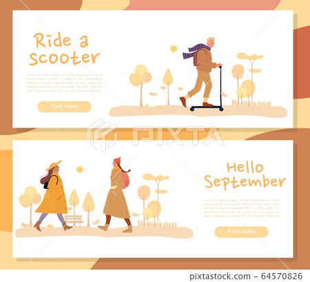 Man woman walk in fall season forest header set Man woman walk in fall season forest header set 64570826