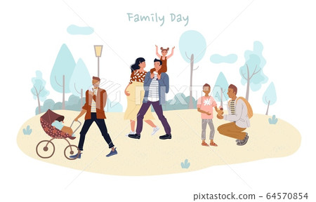 Parent children spend family day outdoor in park 64570854