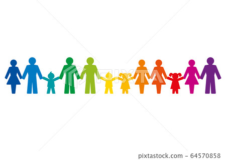 Rainbow colored pictograms of people holding hands, standing in a row. Abstract symbols of connected people, expressing friendship, love and harmony. We are one world. Illustration over white. Vector. 64570858