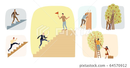 Big set of men climbing stairs. Farmers using ladders to gathering fruit harvest. Achieving ambitions. 64570912