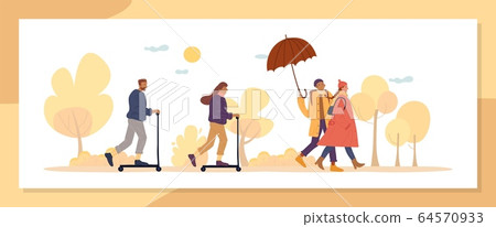 Active autumn season people walk in natural park Active autumn season people walk in natural park 64570933