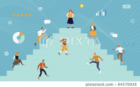 Men, women of different ages, nations striving for goal, money prize at top of stairs. Contest for influence. Men, women of different ages, nations striving for goal, money prize at top of stairs. Contest for influence. 64570938