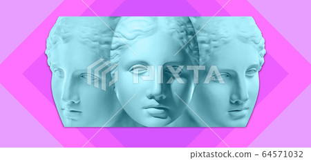 Statue of Venus de Milo. Creative concept colorful neon image with ancient greek sculpture Venus or Aphrodite head. Webpunk, vaporwave and surreal art style. Pink and blue duotone effects. 64571032