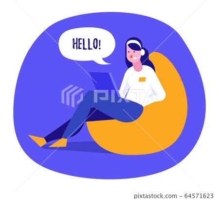 A girl communicating online on the Internet through a laptop. Vector illustration of a modern, cartoon style on a white 64571623