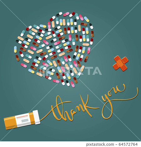 A thank you card for a doctor, nurse,or pharmacy. A pill heart and thank you calligraphy on a dark green background. A thank you card for a doctor, nurse,or pharmacy. A pill heart and thank you calligraphy on a dark green background. 64572764