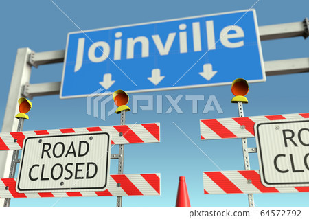 Roadblocks near Joinville city traffic sign. Quarantine or lockdown in Brazil conceptual 3D rendering Roadblocks near Joinville city traffic sign. Quarantine or lockdown in Brazil conceptual 3D rendering 64572792