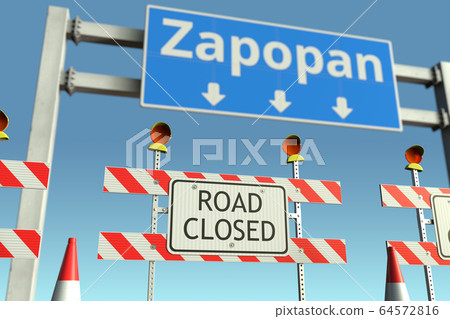 Traffic barricades at Zapopan city traffic sign. Coronavirus disease quarantine or lockdown in Mexico conceptual 3D rendering Traffic barricades at Zapopan city traffic sign. Coronavirus disease quarantine or lockdown in Mexico conceptual 3D rendering 64572816
