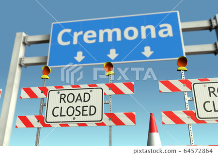 Road barricades near Cremona city road sign. Lockdown in Italy conceptual 3D rendering Road barricades near Cremona city road sign. Lockdown in Italy conceptual 3D rendering 64572864