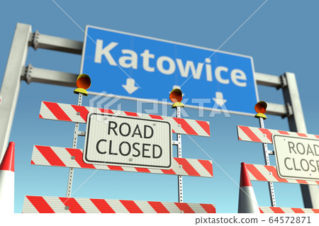 Barriers at Katowice city traffic sign. Quarantine or lockdown in Poland conceptual 3D rendering 64572871