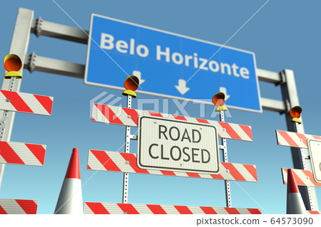 Roadblocks near Belo Horizonte city traffic sign. Coronavirus disease quarantine or lockdown in Brazil conceptual 3D rendering Roadblocks near Belo Horizonte city traffic sign. Coronavirus disease quarantine or lockdown in Brazil conceptual 3D rendering 64573090