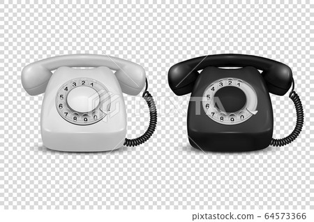 Vector 3d Realistic Vintage Retro Old White and Black Telephone Icon Set Closeup Isolated on Transparent Background. Design Template, Call Center Support Concept. Front View 64573366