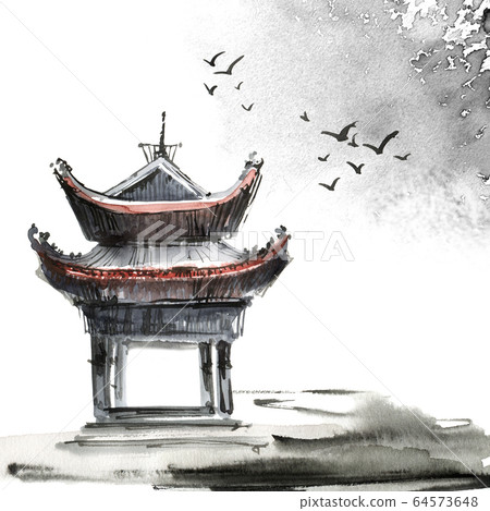 Watercolor painted chinese landscape Watercolor painted chinese landscape 64573648